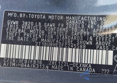 2015 Toyota Corolla Le из США, поврежденный, VIN 2T1BURHE0FC245588